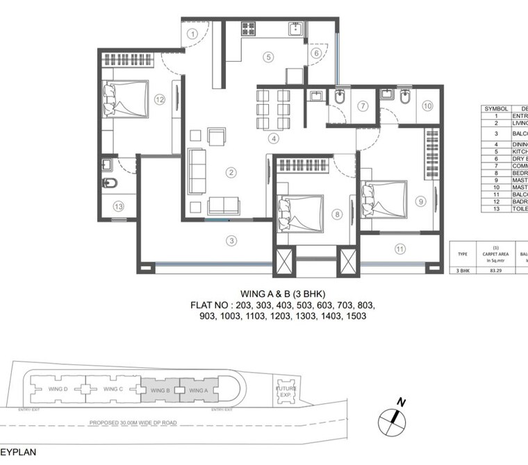 Floor Plan, tru-meadows 3 Bedroom 1083 Sq.Ft. Apartment In Kondhwa Pune 10011334