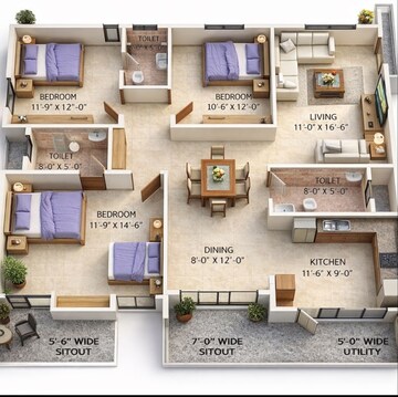 Floor Plan in 3 BHK Apartment at Kolimi Heights, Halasuru – for Rent