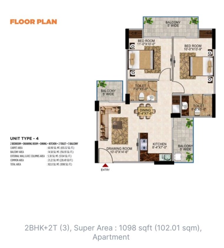 Floor Plan, the-golden-gate 2 Bedroom 1098 Sq.Ft. Apartment In Mahurali Ghaziabad 10013973