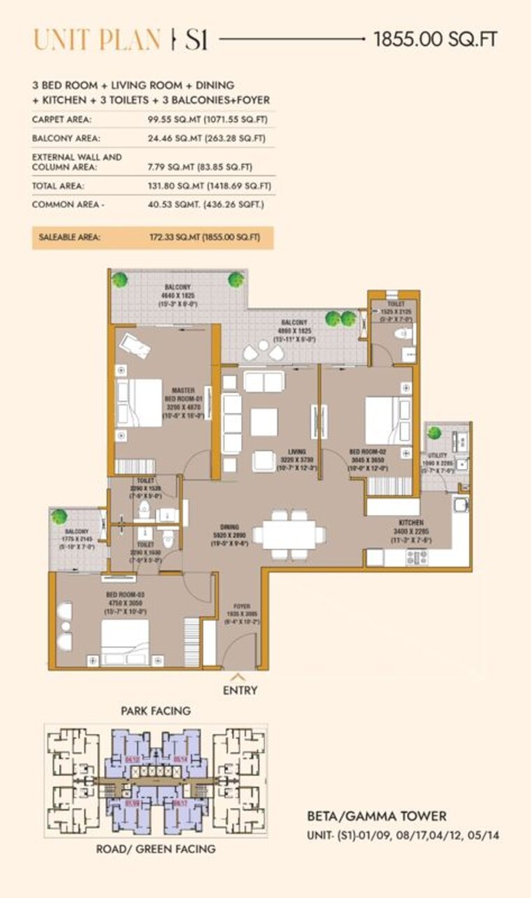 Floor Plan, ska-divine 3 Bedroom 1855 Sq.Ft. Apartment In Sector 1 Wave City Ghaziabad 10014079