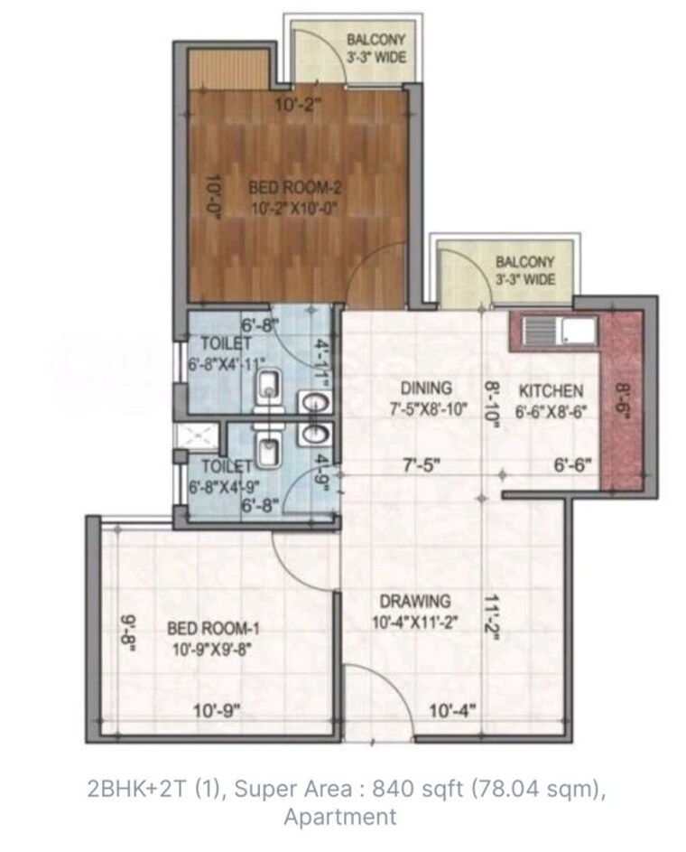 Floor Plan, aditya-urban-homes 2 Bedroom 840 Sq.Ft. Apartment In Shahpur Bamheta Ghaziabad 10014168