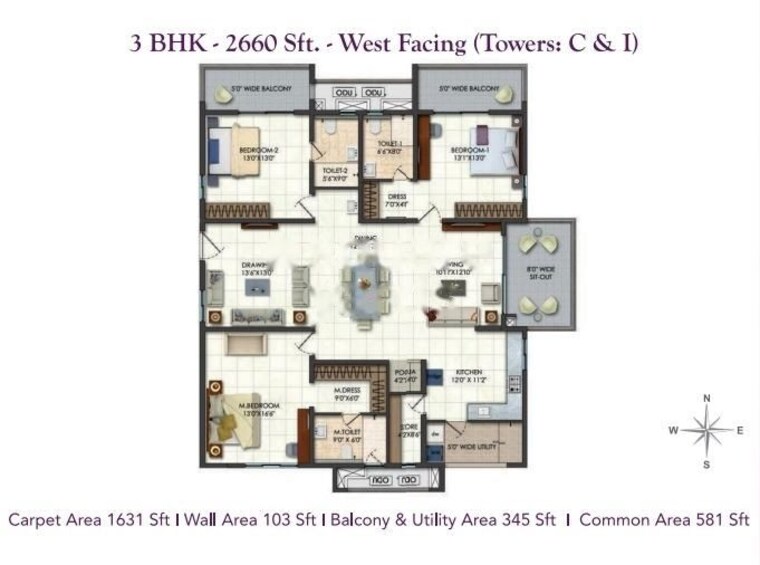 Floor Plan, rajapushpa-provincia 3 Bedroom 2660 Sq.Ft. Apartment In Narsingi Hyderabad 10021050