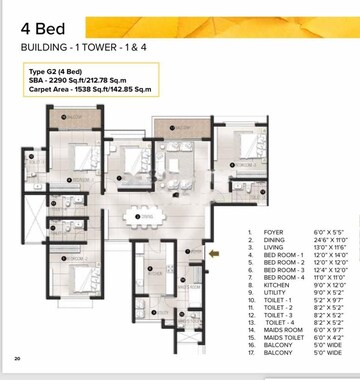 Floor Plan in 4 BHK Apartment at Avalon Park At The Prestige City, Sarjapur Road – for Rent