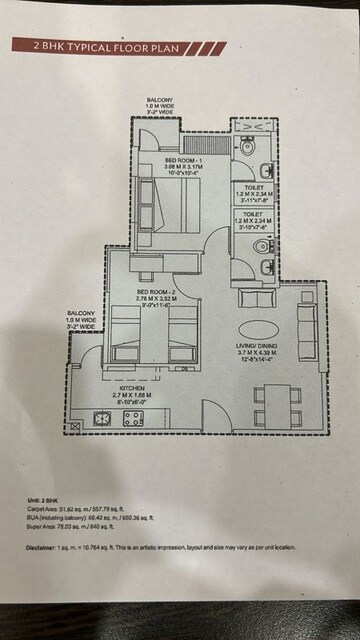 Floor Plan in 2 BHK Apartment at Wave Dream Homes, Wave City – for Sale