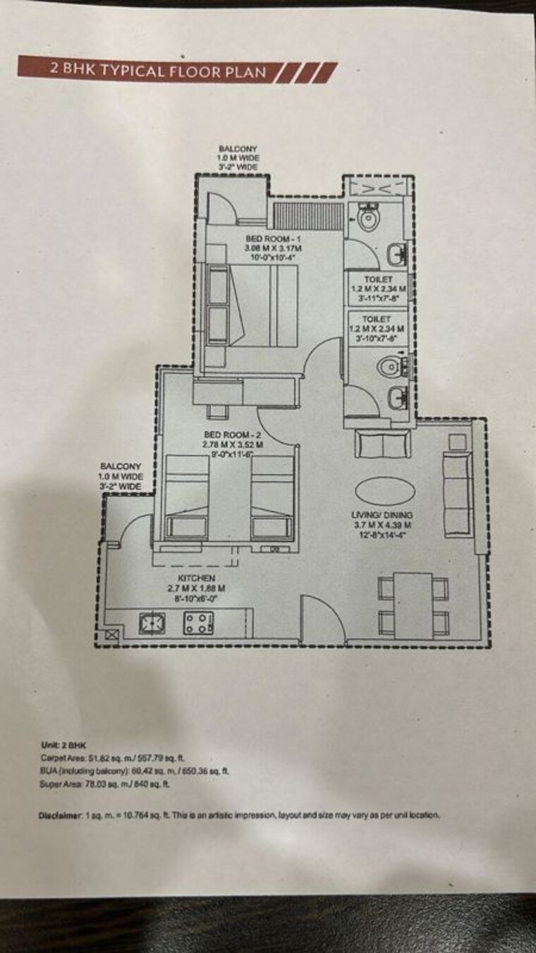 Floor Plan, wave-dream-homes 2 Bedroom 840 Sq.Ft. Apartment In Wave City Ghaziabad 10054143