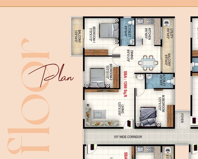 Floor Plan, sri-balaji-rose-woods 3 Bedroom 1390 Sq.Ft. Apartment In Kodigehalli Bangalore 9946478