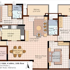 Floor Plan in 3.5 BHK Apartment at NCC Nagarjuna Meadows, Yelahanka – for Rent