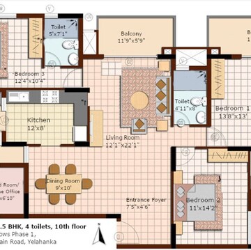 Floor Plan in 3.5 BHK Apartment at NCC Nagarjuna Meadows, Yelahanka – for Rent