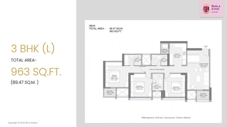 Floor Plan, birla-evam 3 Bedroom 936 Sq.Ft. Apartment In Manjri Budruk Pune 10058195