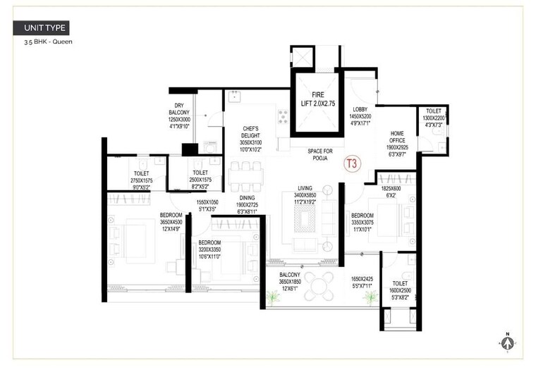 Floor Plan, goel-ganga-imperia 3 Bedroom 1370 Sq.Ft. Apartment In Nibm Annexe Pune 10059316