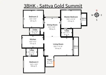 Floor Plan in 3 BHK Apartment at Salarpuria Gold Summit, Hennur – for Sale
