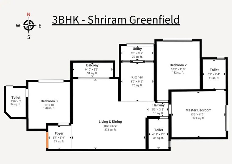 Floor Plan, shriram-greenfield 3 Bedroom 998 Sq.Ft. Apartment In Budigere Bangalore 10063446