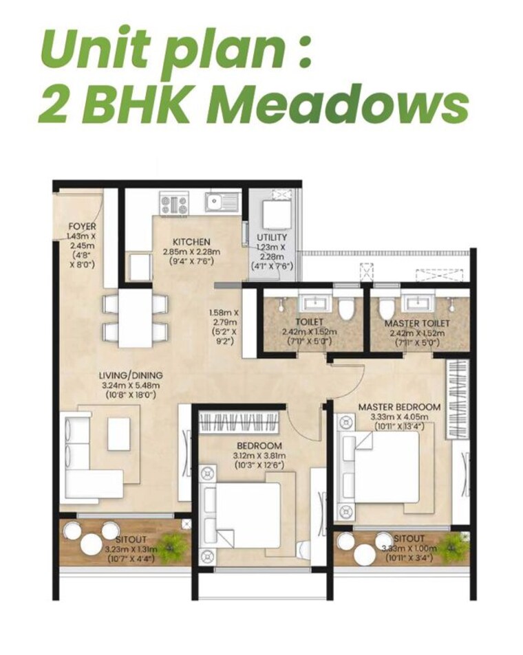 Floor Plan, mahindra-eden 2 Bedroom 1202 Sq.Ft. Apartment In Kanakapura Road Bangalore 10063680