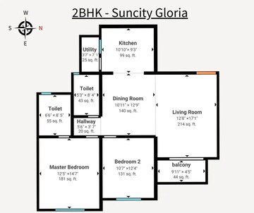 Floor Plan in 2 BHK Apartment at Suncity Gloria Apartments, Sarjapur Road – for Sale