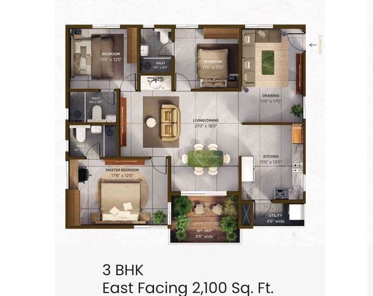 Floor Plan, vian-mrida 2 Bedroom 1395 Sq.Ft. Apartment In Kollur Hyderabad 10073790