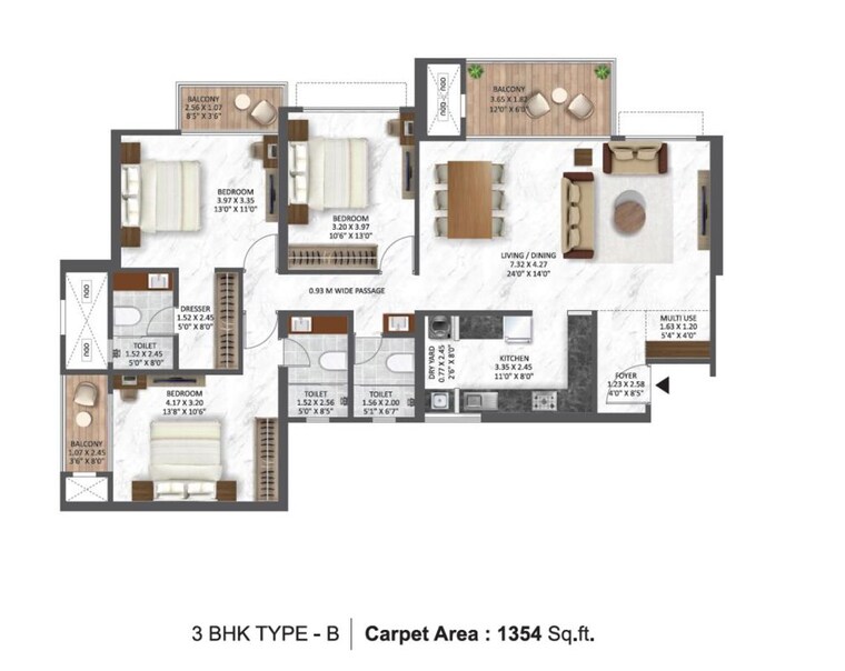 Floor Plan, krisala-everland 3 Bedroom 1354 Sq.Ft. Apartment In Darumbre Pune 10072646