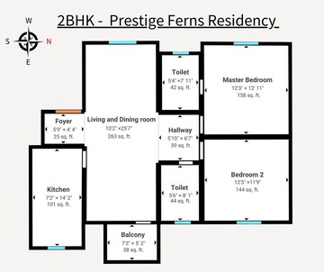 Floor Plan in 2 BHK Apartment at Prestige Ferns Residency, Harlur – for Sale
