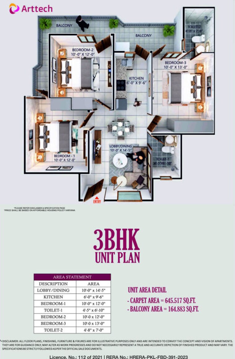 Floor Plan, arttech-maulshree-heights 3 Bedroom 810 Sq.Ft. Apartment In Sector 84 Faridabad 10087424