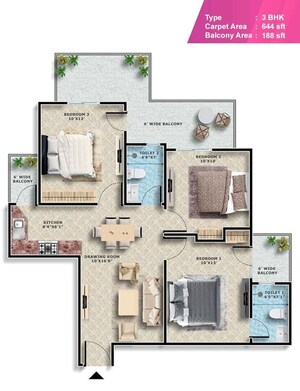 Floor Plan in 3 BHK Apartment at Emerald Anmol, Sector 88 – for Sale