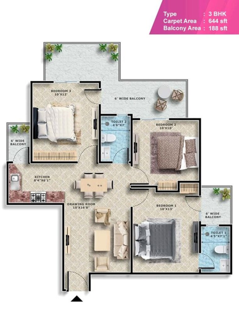 Floor Plan, emerald-anmol 3 Bedroom 850 Sq.Ft. Apartment In Sector 88 Faridabad 10089076