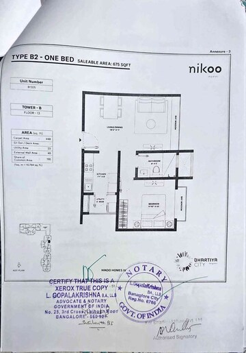 Floor Plan in 1 BHK Apartment at Bhartiya City Nikoo Homes 4, Thanisandra Main Road – for Sale