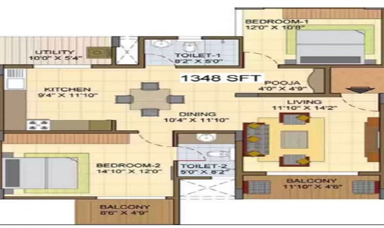 Floor Plan, suguna-upper-crest 2 Bedroom 1348 Sq.Ft. Apartment In Raja Rajeshwari Nagar Bangalore 10092096