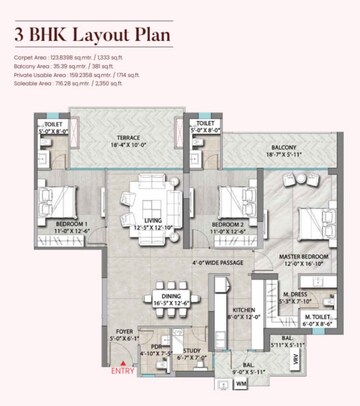 Floor Plan in 3.5 BHK Apartment at Suncity Monarch Residences, Sector 78 – for Sale