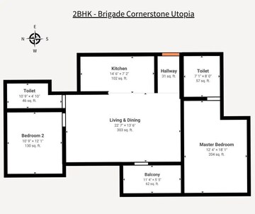 Floor Plan in 2 BHK Apartment at Brigade Cornerstone Utopia, Varthur – for Sale