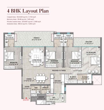 Floor Plan in 4 BHK Apartment at Suncity Monarch Residences, Sector 78 – for Sale