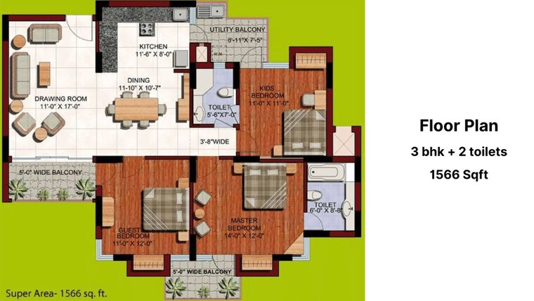 Floor Plan, aba-orange-county 3 Bedroom 1566 Sq.Ft. Apartment In Ahinsa Khand 1 Ghaziabad 10101711
