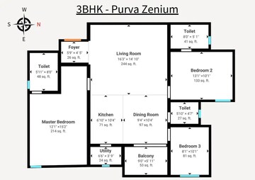 Floor Plan in 3 BHK Apartment at Hosahalli – for Sale