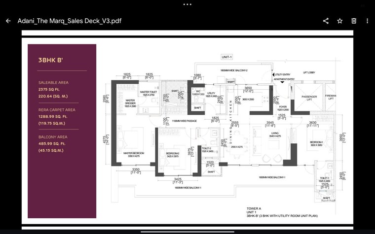 Floor Plan, adani-the-marq 3 Bedroom 2475 Sq.Ft. Apartment In Sector 102a Gurgaon 10110326