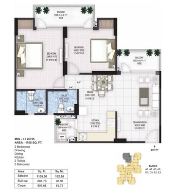 Floor Plan in 2 BHK Apartment at Panchsheel Greens II, Sector 16 Greater Noida – for Sale