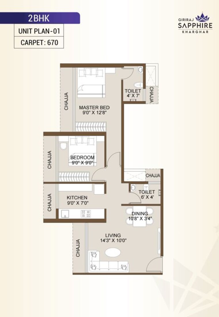 Floor Plan, giriraj-sapphire 2 Bedroom 1050 Sq.Ft. Apartment In Kharghar Sector 35e Navi Mumbai 10130654