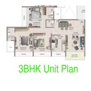 Floor Plan in 3 BHK Apartment at Gajra Bhoomi Serenity, Kharghar – for Sale