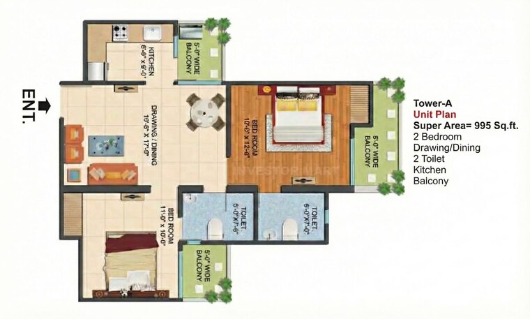 Floor Plan, ajnara-le-garden 2 Bedroom 995 Sq.Ft. Apartment In Sector 16b Greater Noida Greater Noida 10164815