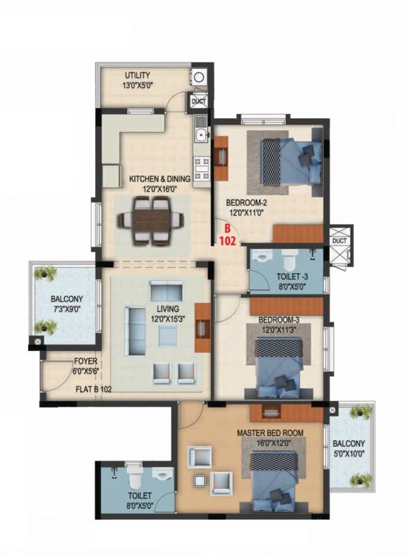 Floor Plan in 3 BHK Apartment at DS Needs 3 Project 276, Kalena Agrahara – for Sale
