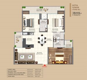 Floor Plan in 3 BHK Apartment at AIGIN Royal Park, Mahurali – for Sale