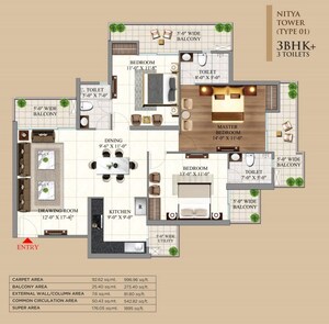 Floor Plan in 3 BHK Apartment at AIGIN Royal Park, Mahurali – for Sale