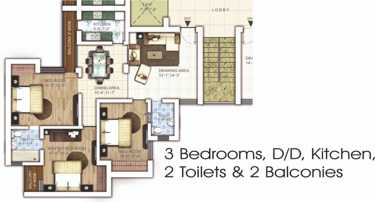 Floor Plan, samiah-melrose-square 3 Bedroom 1500 Sq.Ft. Apartment In Vrindavan Yojna Lucknow 10181871