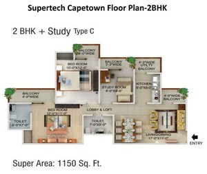 Floor Plan in 2.5 BHK Apartment at Supertech Cape Town, Sector 74 – for Sale