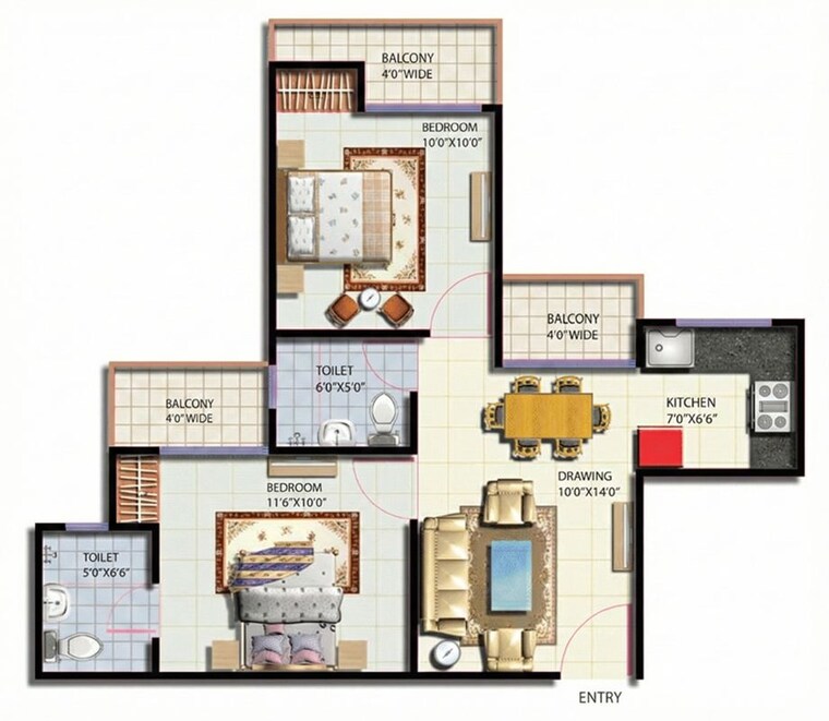 Floor Plan, anthem-french-apartment 2 Bedroom 842 Sq.Ft. Apartment In Sector 16b Greater Noida Greater Noida 10191996