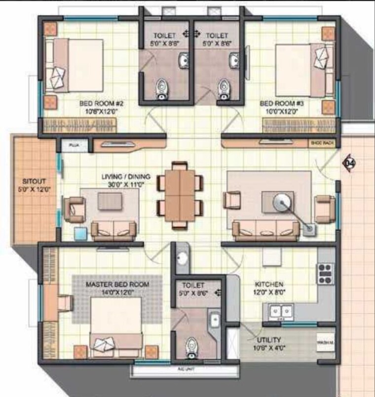 Floor Plan, ncc-urban-one 3 Bedroom 1535 Sq.Ft. Apartment In Narsingi Hyderabad 10194423