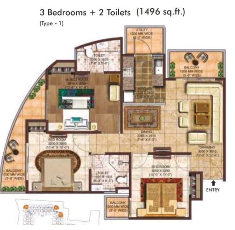 Floor Plan, rise-organic-homes 3 Bedroom 1496 Sq.Ft. Apartment In Mahurali Ghaziabad 10194616