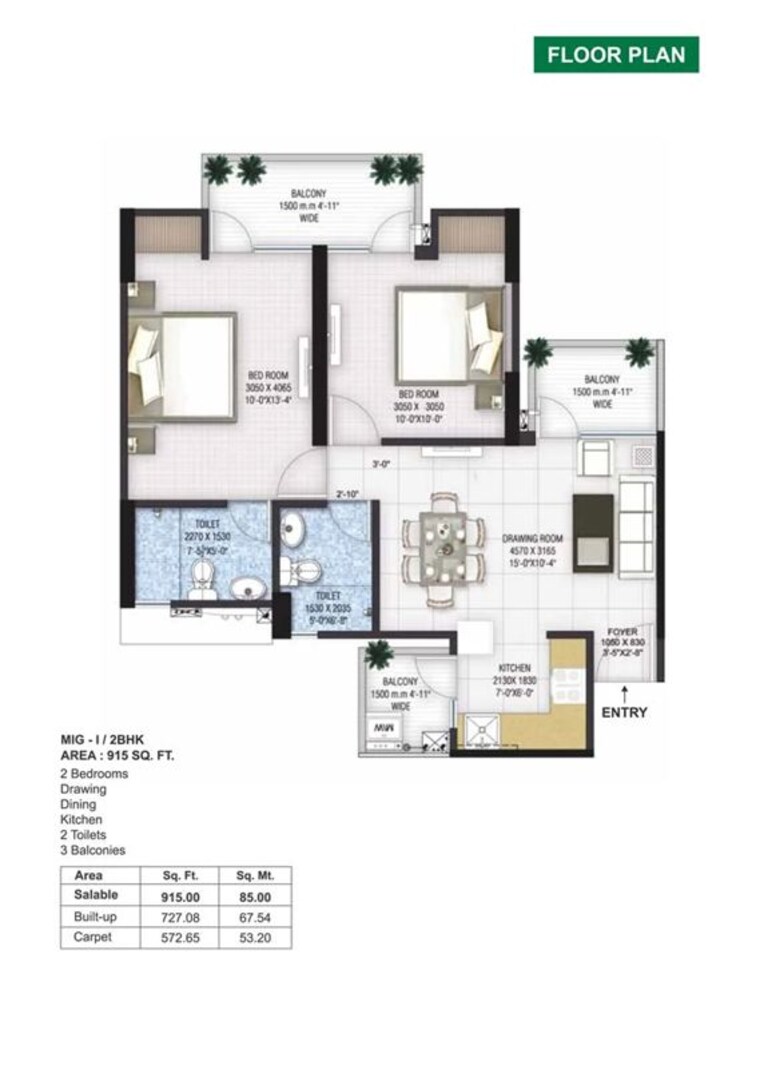 Floor Plan, panchsheel-greens-ii 2 Bedroom 915 Sq.Ft. Apartment In Sector 16 Greater Noida Greater Noida 10192582