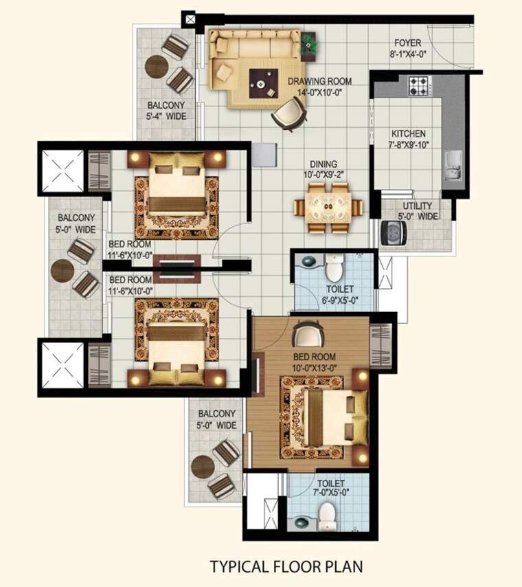 Floor Plan, eros-sampoornam 3 Bedroom 1425 Sq.Ft. Apartment In Sector 2 Greater Noida Greater Noida 10195299