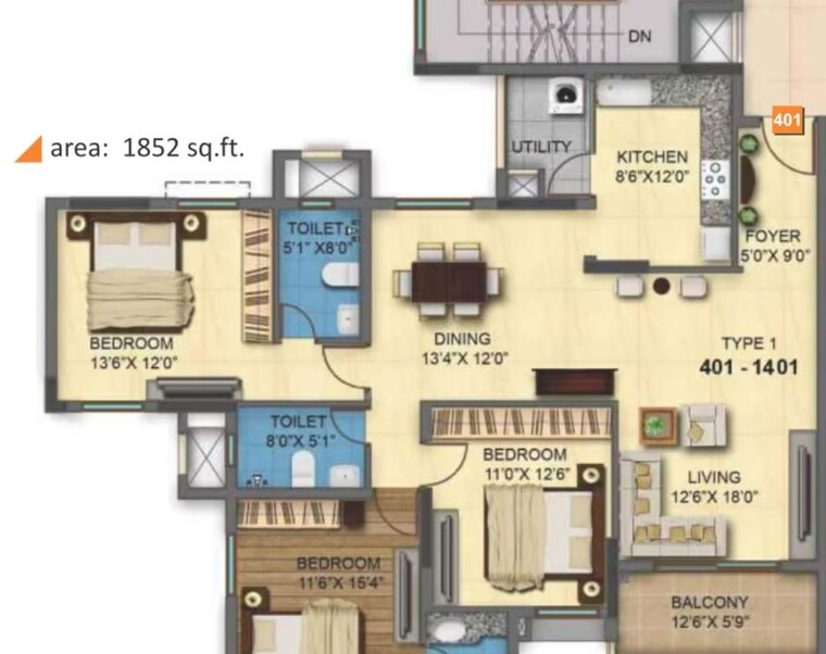 Floor Plan, mrkr-mera-homes 3 Bedroom 1852 Sq.Ft. Apartment In Whitefield Bangalore 10200526