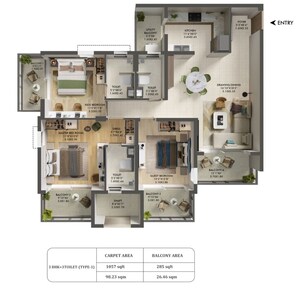 Floor Plan in 3 BHK Apartment at Ashiana Aaroham, Sector 80 – for Sale