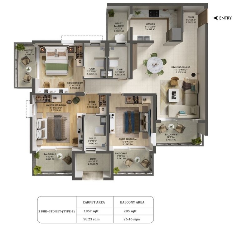 Floor Plan, ashiana-aaroham 3 Bedroom 1057 Sq.Ft. Apartment In Sector 80 Gurgaon 10213422