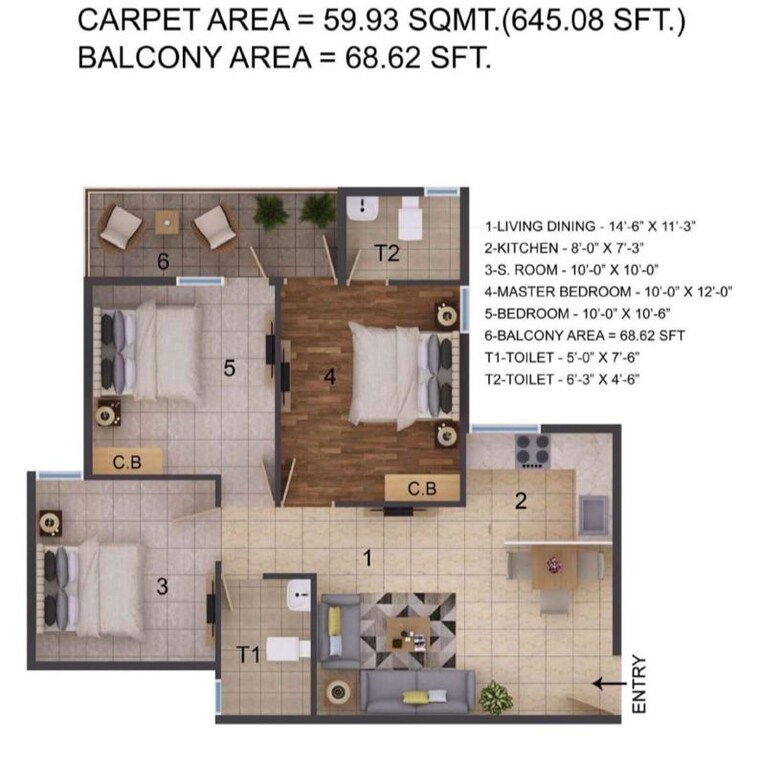Floor Plan, rof-amaltas 2.5 Bedroom 645 Sq.Ft. Apartment In Sector 92 Gurgaon 10214048